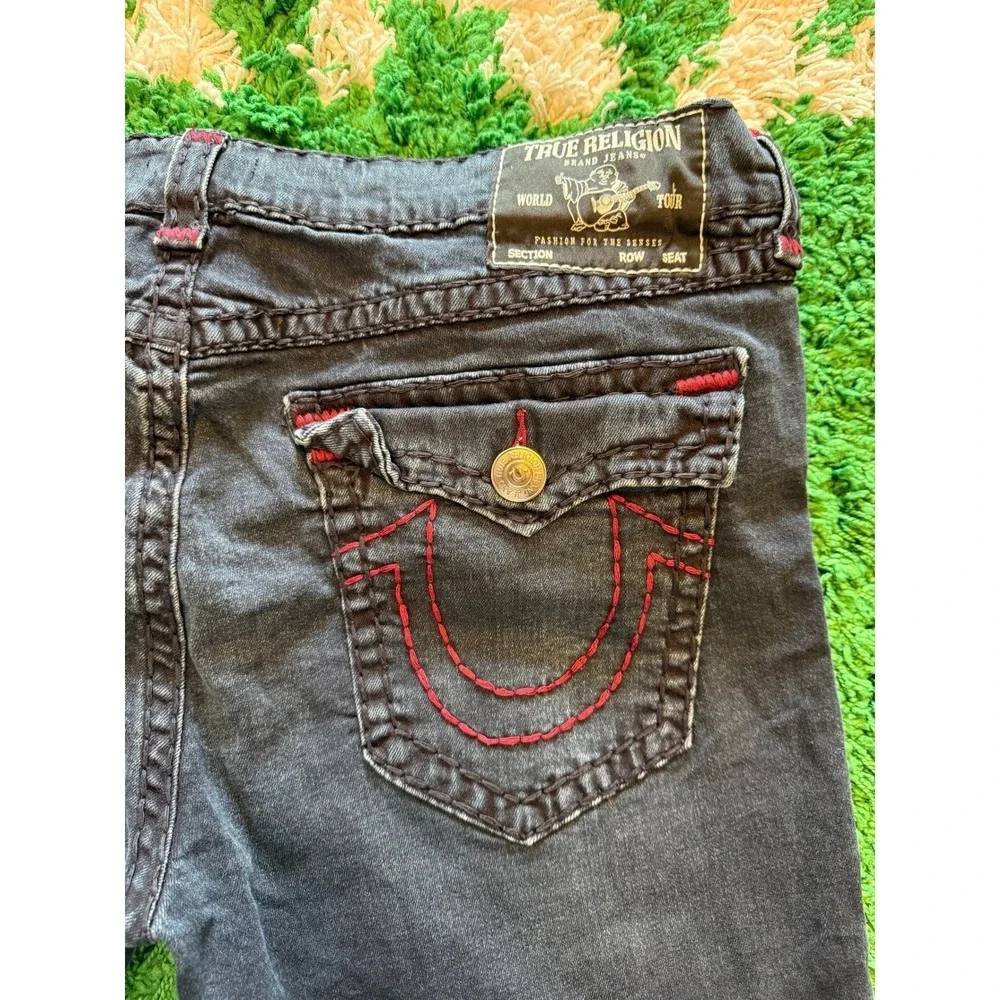 True Religion Geno Jeans Mens 42 Black Excellent Red Stitch Straight Leg Denim